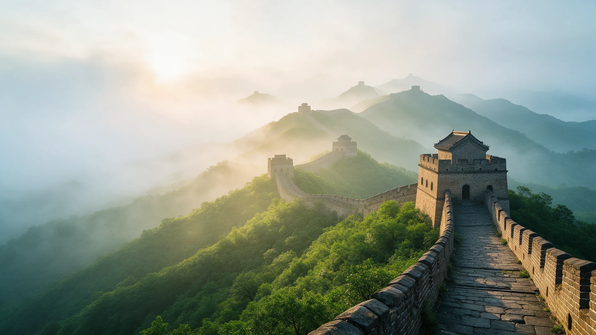 La Gran Muralla China entre montañas envueltas en niebla al amanecer