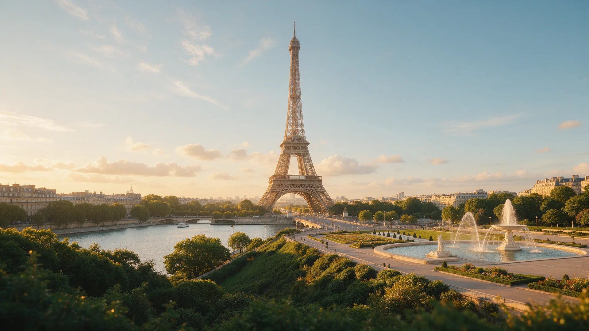 Torre Eiffel al atardecer desde los jardines de Trocadéro, París