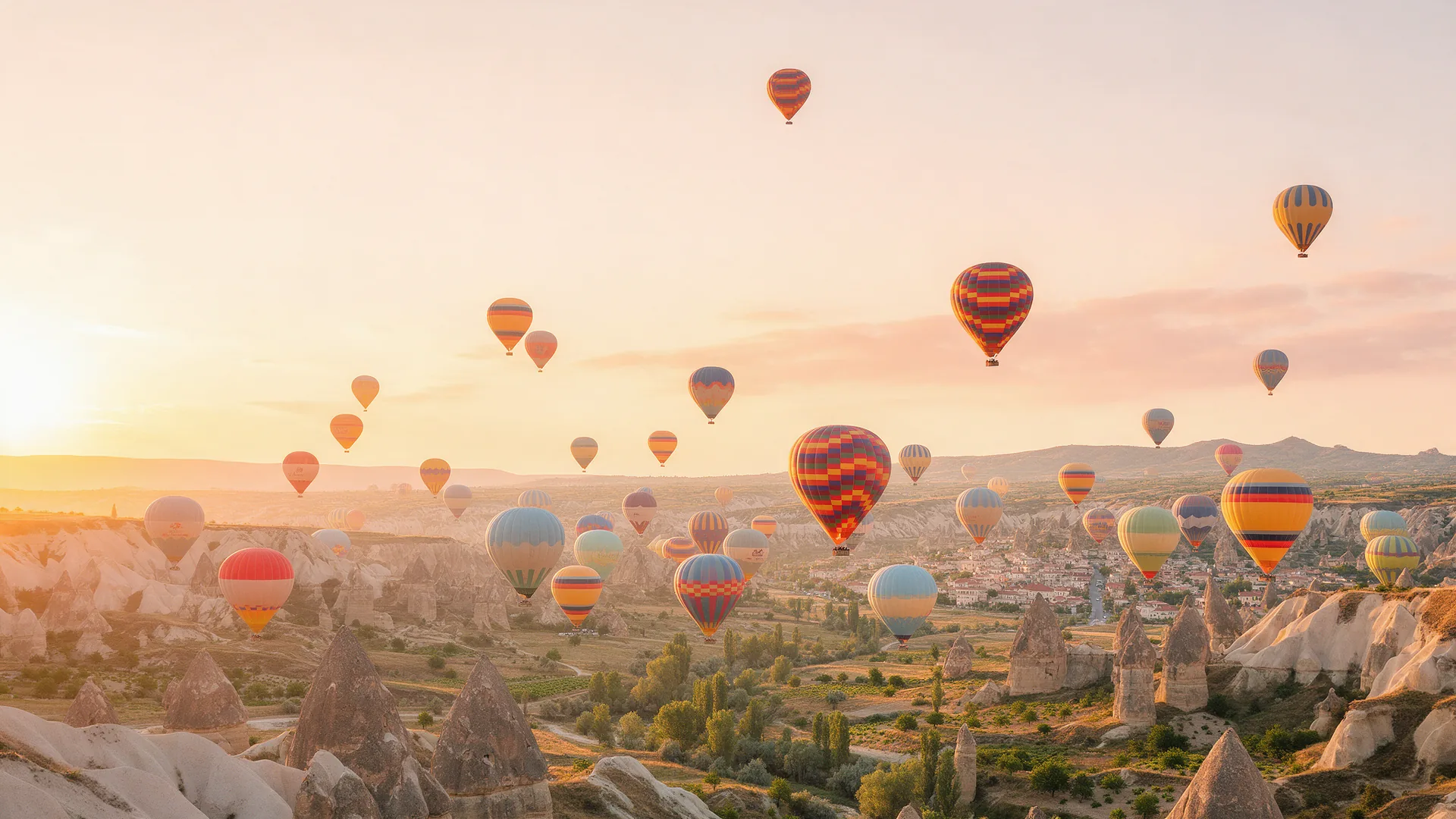 Globos aerostáticos al amanecer sobre Capadocia, Turquía