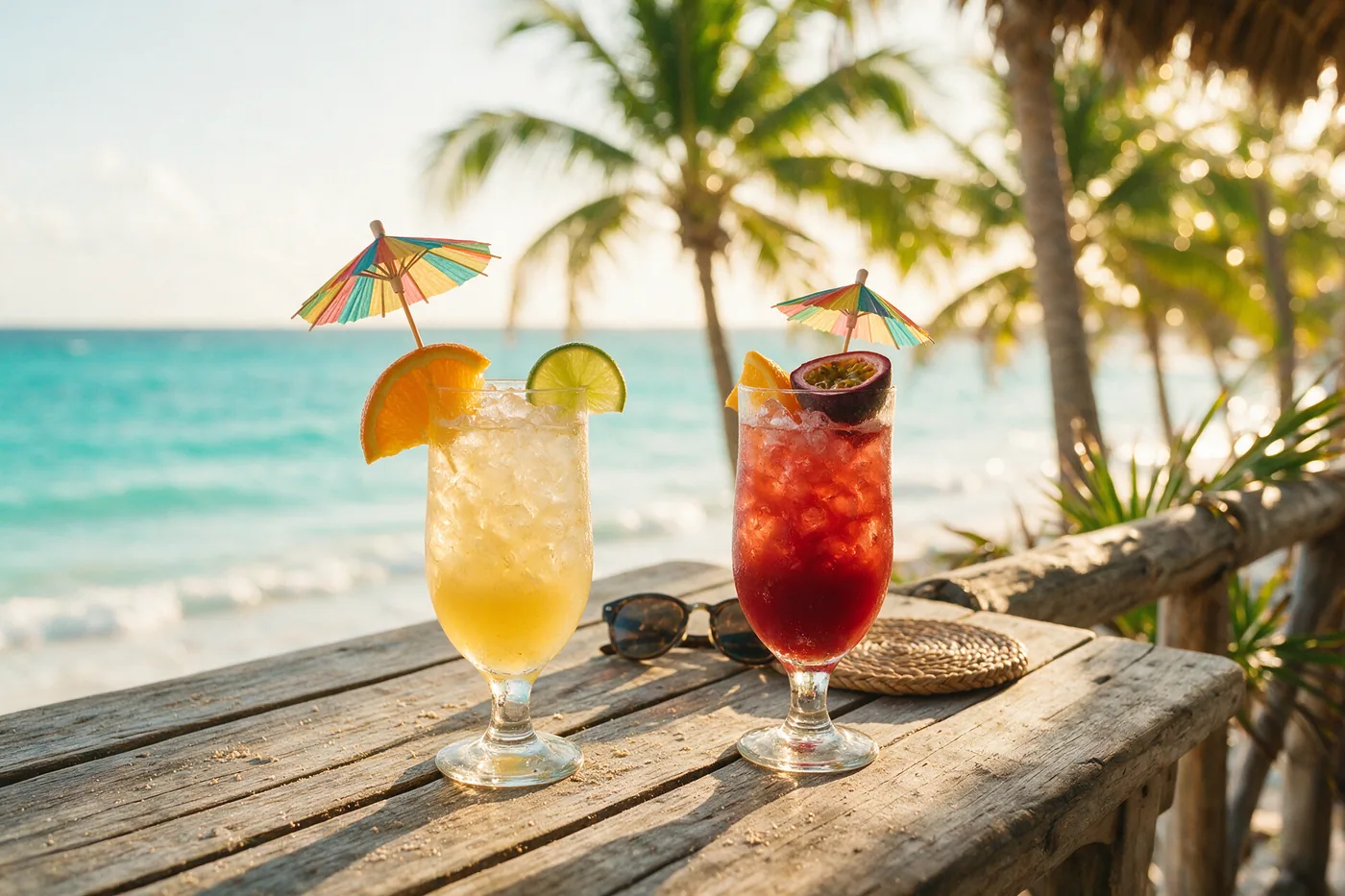 Cócteles tropicales junto a la piscina de un resort todo incluido en Punta Cana