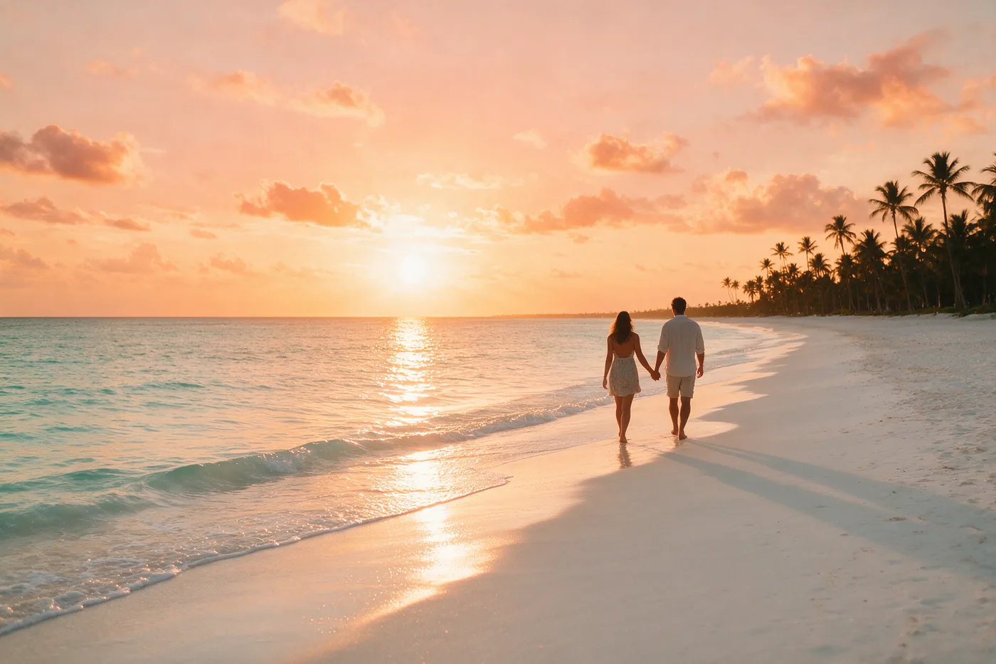 Pareja caminando por una playa del Caribe al atardecer