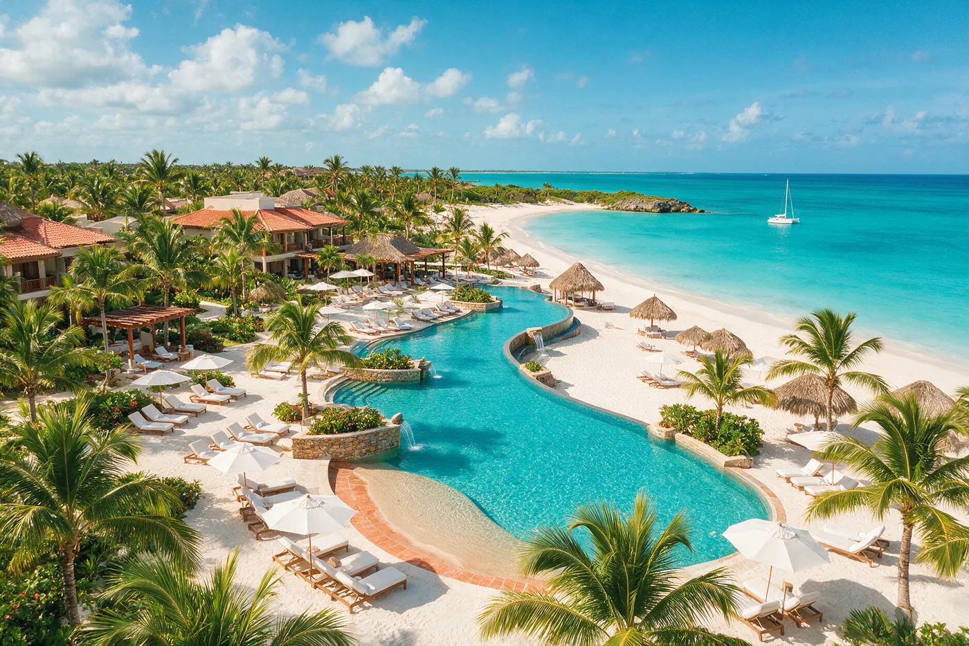 Piscina de resort todo incluido frente al mar en Punta Cana, República Dominicana